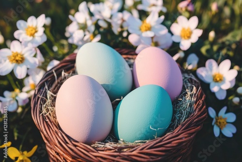 colorful easter setup with painted eggs in wicker basket surrounded by spring flowers in fresh bloom