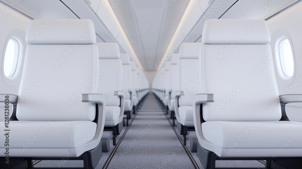 Fototapeta premium Modern Interior of an Empty Passenger Airline Cabin with White Seats