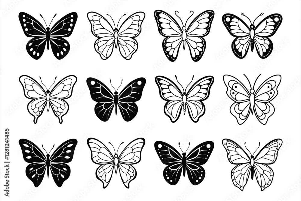 Set of hand drawn sketch butterfly for children coloring book line art vector illustration on white background. Set of hand drawn sketch butterfly for children coloring book line art vector illustration on white background.