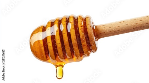 Sweet Honey Dripping from Wooden Dipper on Isolated Background photo