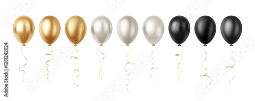 Set of Realistic 3D Silver Gold Black Party Event Balloons Isolated on White Background