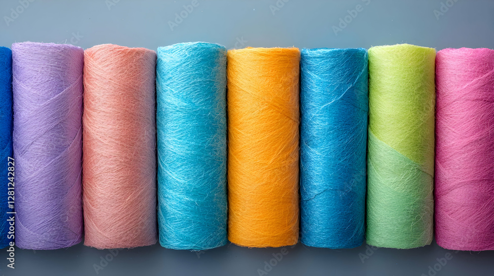 Colorful yarn spools arranged on gray background; crafting supplies Colorful yarn spools arranged on gray background; crafting supplies