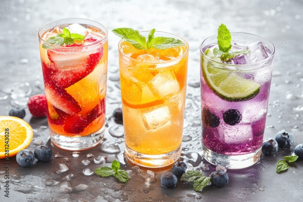 Fresh and Colorful Fruit-Infused Iced Beverages in Clear Glasses against a Gray Background Fresh and Colorful Fruit-Infused Iced Beverages in Clear Glasses against a Gray Background