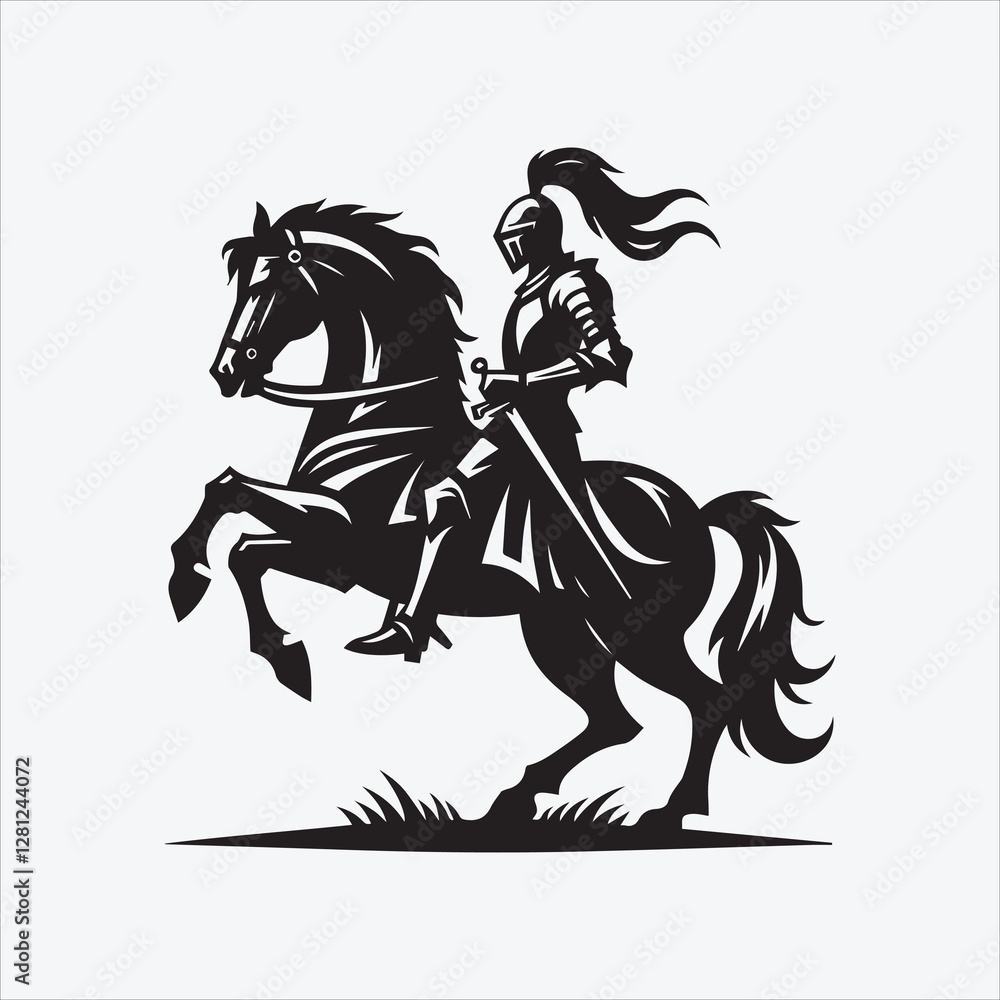 Fototapeta premium Knight with Horse Silhouette in Black and White for Medieval and Warrior-Themed Designs