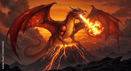 Fiery Red Dragon Breathing Fire on Volcano
