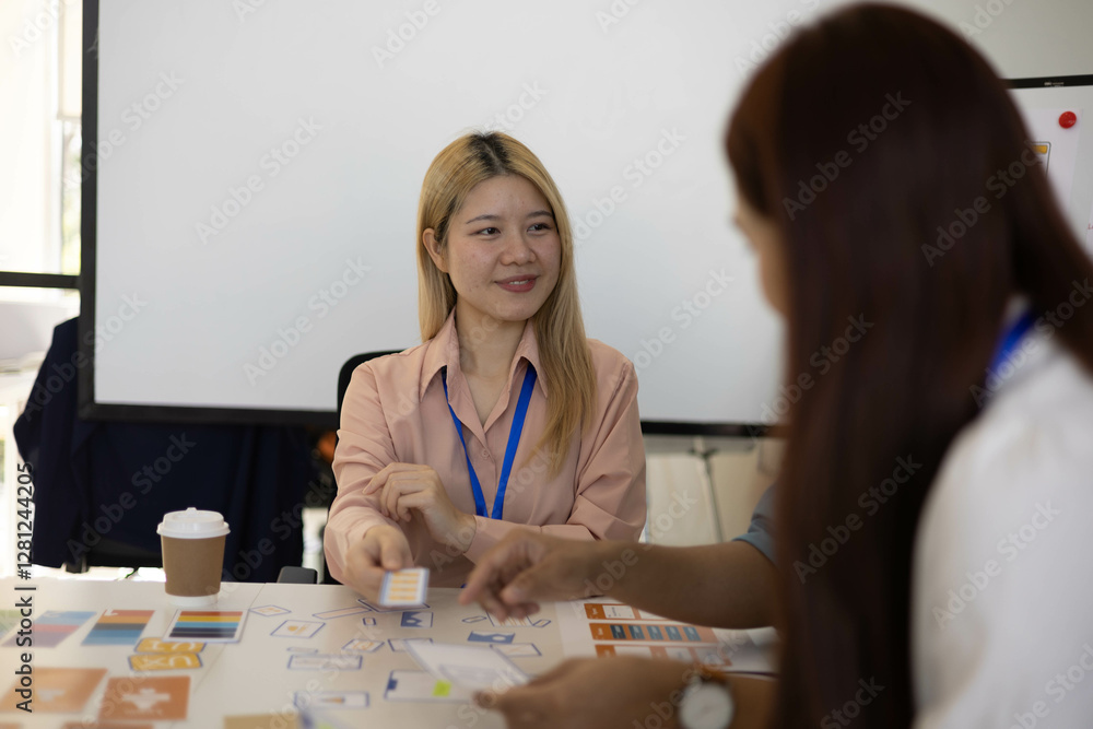 Fototapeta premium Two women are talking in a conference room. One of them is holding a piece of paper. The room has a whiteboard and a TV