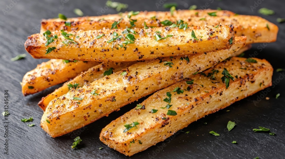 Crispy Baked Potato Fries on Dark Stone Surface Crispy Baked Potato Fries on Dark Stone Surface