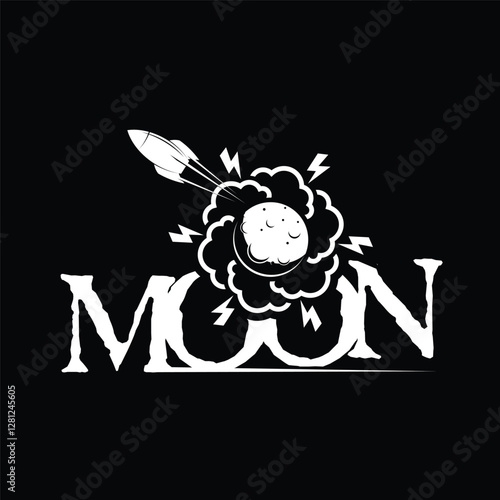 logo with the word moon with a rocket flying from the earth with rose-shaped smoke