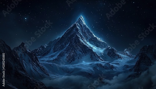 A snow-covered mountain peak at night with the Milky Way in view, award-winning photography