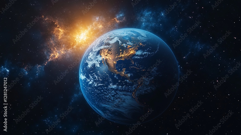 Fototapeta premium Earth at night from space, illuminated by a bright nebula.