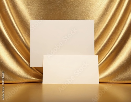 Two blank cards on a shimmering gold fabric background. photo