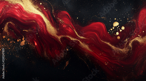 Abstract Red and Gold Fluid Art Pattern. Abstract fluid flowing art by alcohol ink deep red and black with gold dark tone in concept luxury.