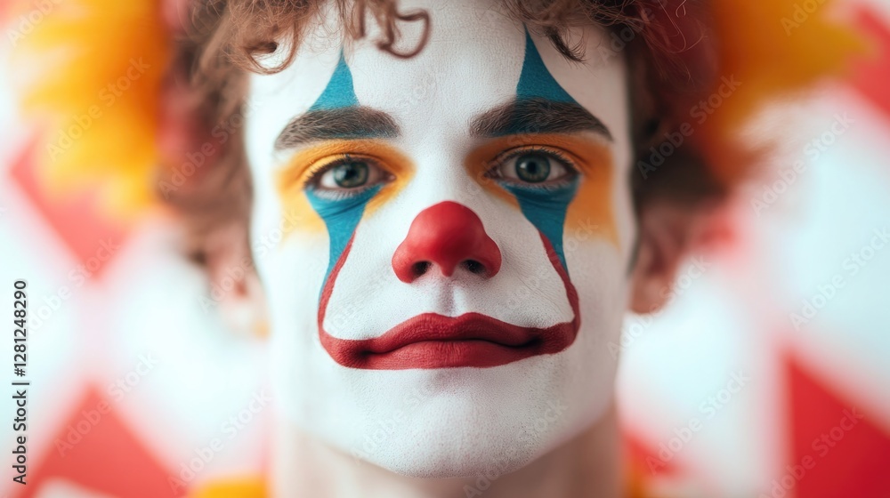 Obraz premium close-up of vibrant circus clown face painted in elaborate colors with joyful expression