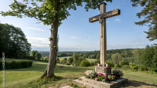 Wooden Cross Overlooking Serene Countryside