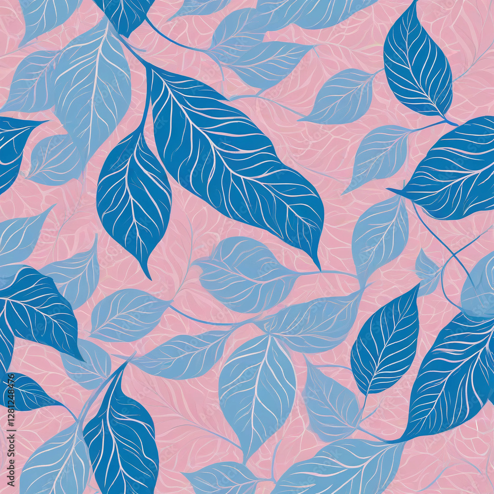 Beautiful pink background with blue leaf patterns, perfect for floral, elegant, and modern wallpaper or textile design inspiration Beautiful pink background with blue leaf patterns, perfect for floral, elegant, and modern wallpaper or textile design inspiration
