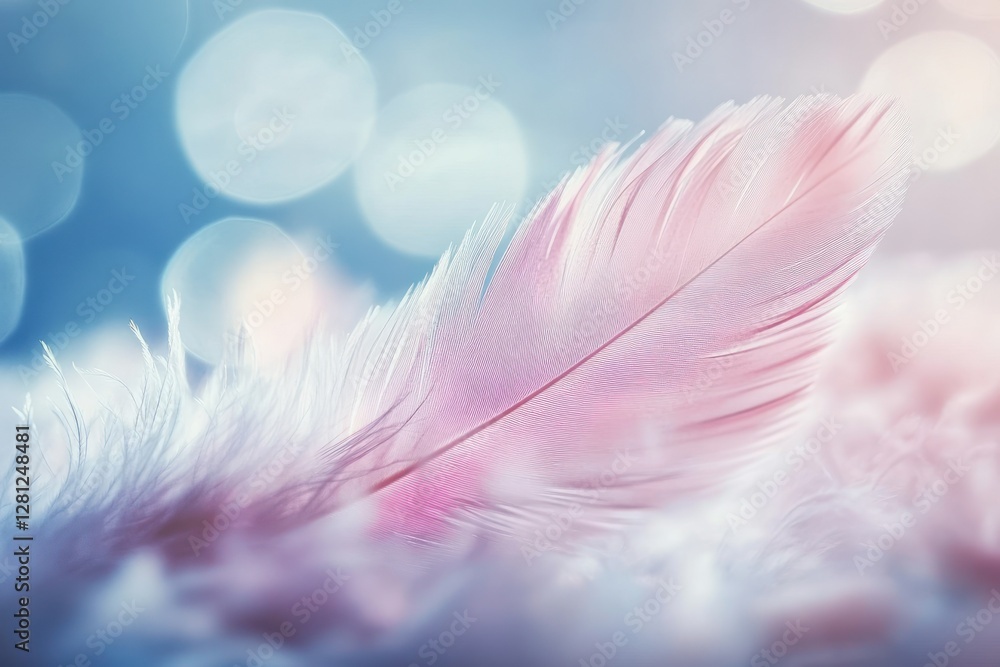 Naklejka premium Delicate Pink Feather on Soft Background with Ethereal Bokeh Effects and Gentle Lighting