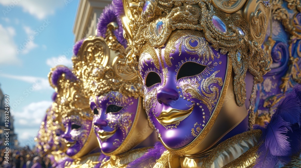 Fototapeta premium Colorful carnival masks adorned with intricate designs and gold embellishments, showcasing a festive atmosphere under a clear blue sky.