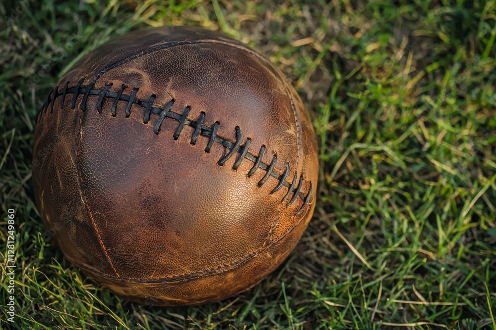 Obraz premium Old leather football on grass field, empty space.