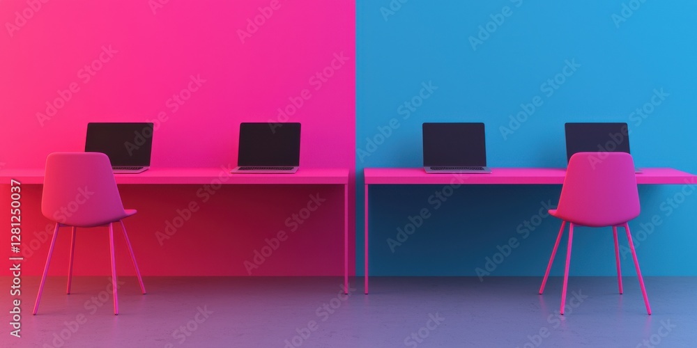 Obraz premium A vibrant workspace featuring pink and blue walls with modern desks and laptops, creating a stylish and lively atmosphere.