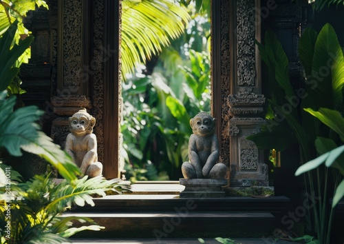 White lotus style tranquil bali or thai villa with stone monkey statues, infinity pool, and sacred tropical ambiance. Hanuman statues in the jungle photo