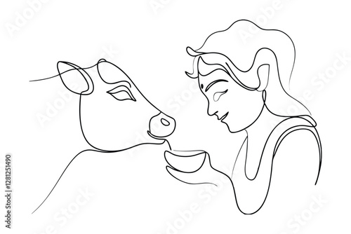 Woman Milking Cow Line Art, Indian Culture, Rural Life, Peaceful Scene, Agriculture, Tradition, 