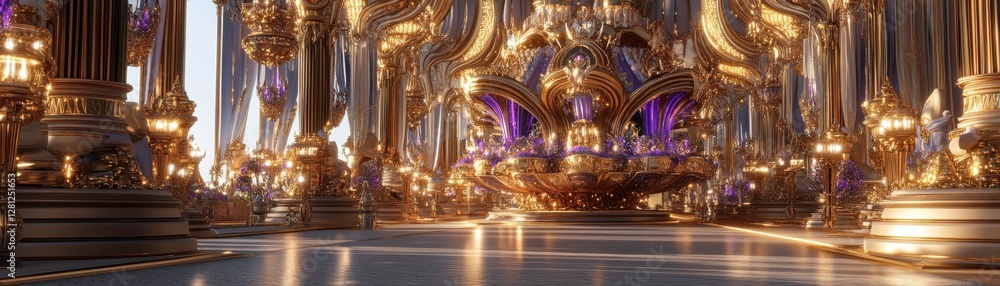 Fototapeta premium A grand, opulent interior featuring golden pillars, intricate designs, and purple accents, creating a majestic and luxurious ambiance.