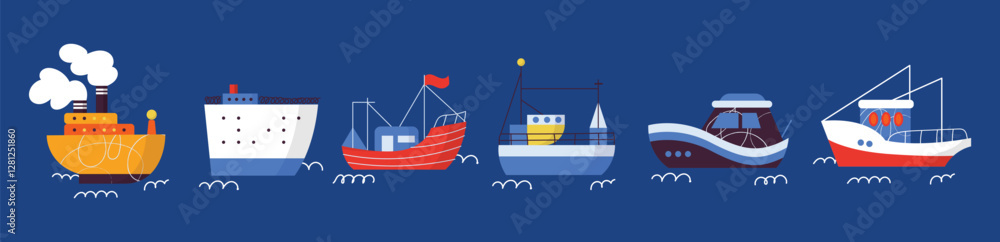 Naklejka premium Illustration of various colorful ships and boats on a blue background collection. Various boats and ships, ocean transport set. Nautical and maritime theme. Flat vector design isolated