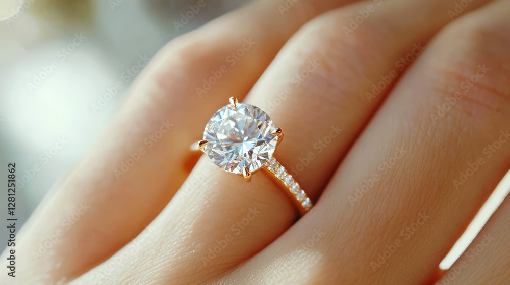 A sparkling diamond ring sits elegantly on a finger, shining in soft light. Concept of luxury and elegance. A sparkling diamond ring sits elegantly on a finger, shining in soft light. Concept of luxury and elegance.