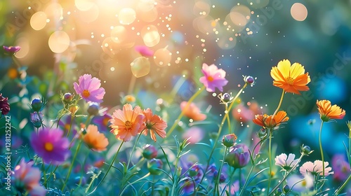 Colorful flower meadow with sunbeams and bokeh lights in summer - nature background banner with copy space - summer greeting card