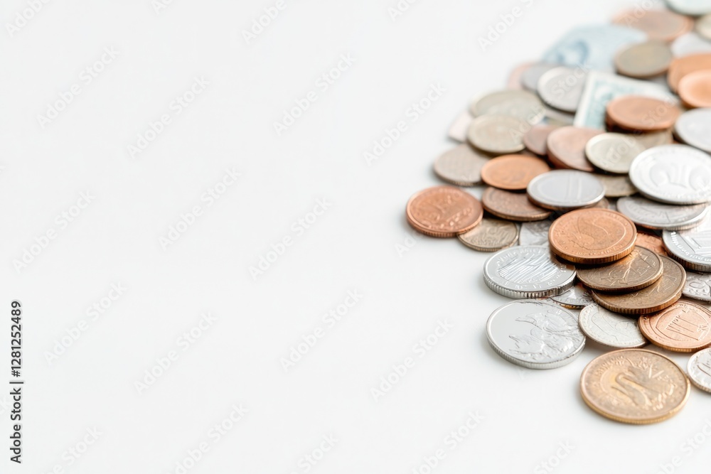 close-up of scattered international coins and banknotes on plain white table emphasizing various patterns and textures close-up of scattered international coins and banknotes on plain white table emphasizing various patterns and textures