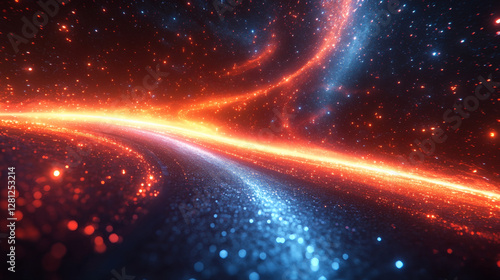 A vibrant cosmic scene showing swirling galaxies with fiery red and cool blue colors, representing the beauty of the universe