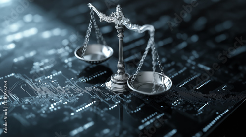 silver balance scale stands on digital circuit board, symbolizing intersection of technology and justice, highlighting ethical considerations in artificial intelligence