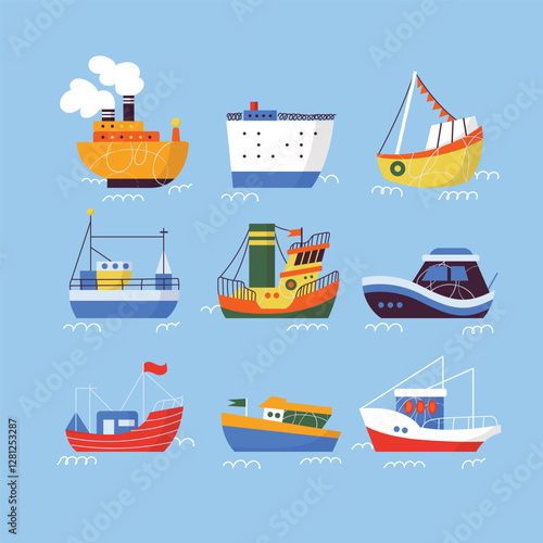 Illustration of various colorful ships and boats on a blue background collection. Various boats and ships, ocean transport set. Nautical and maritime theme. Flat vector design isolated