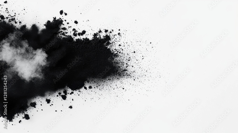 Obraz premium Black Powder Explosion on White Background for Abstract Designs