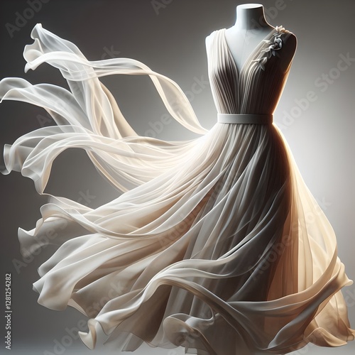 Elegant dress fluttering in the wind against a monochrome background