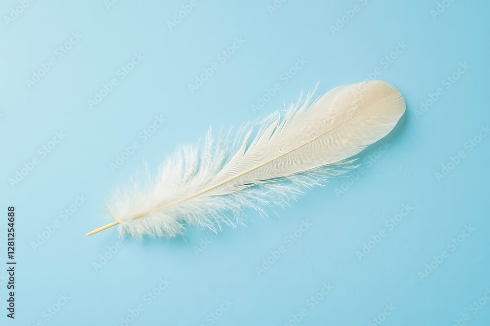 Obraz premium Delicate feather on soft blue background, blank space.