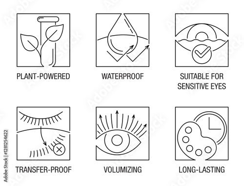 Mascara properties and benefits icons set in thin line and square shape