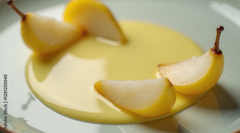 Delicate poached pear halves rest in a pool of golden syrup, their soft texture and warm hues creating an elegant and inviting presentation. Delicate poached pear halves rest in a pool of golden syrup, their soft texture and warm hues creating an elegant and inviting presentation.