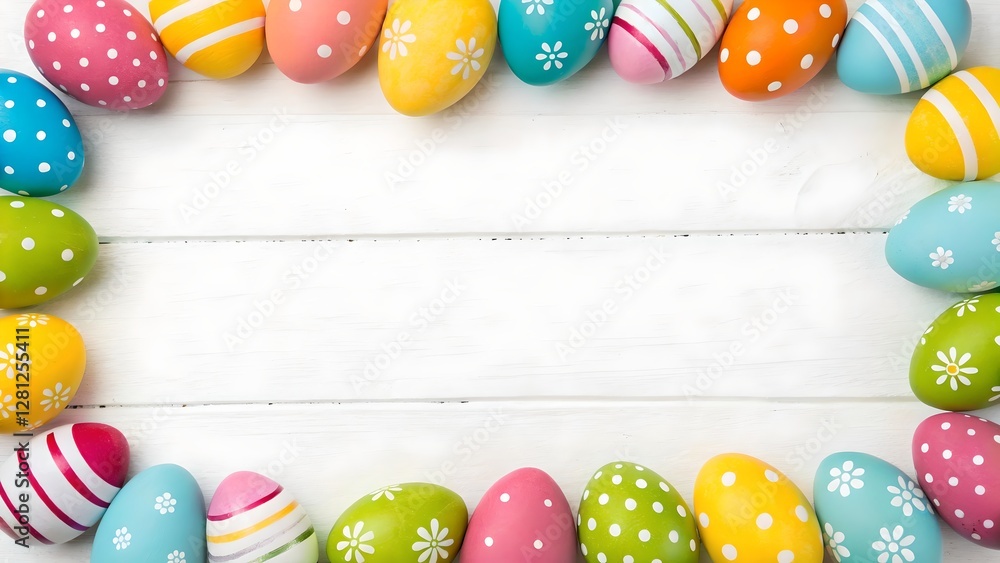 Colorful Easter Eggs Frame on White Wooden Background