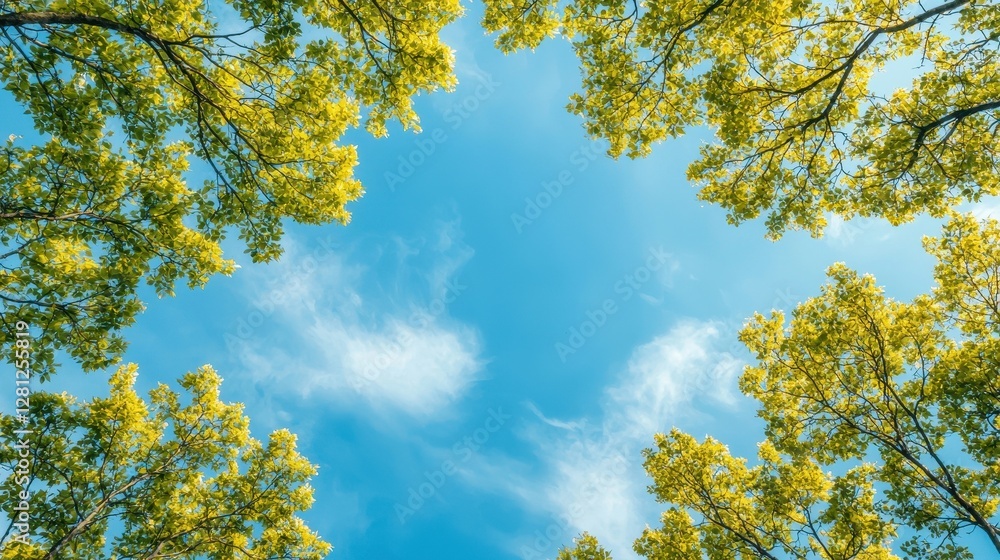 Vibrant Green Trees Framing Blue Sky with Soft White Clouds Vibrant Green Trees Framing Blue Sky with Soft White Clouds