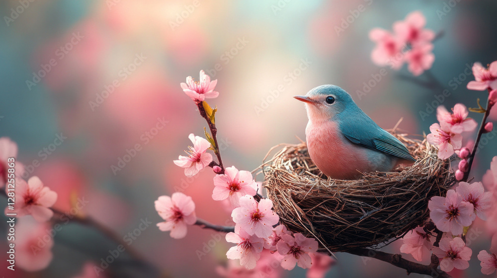 Fototapeta premium Spring wallpaper of a bird's nest nestled among blooming cherry blossoms