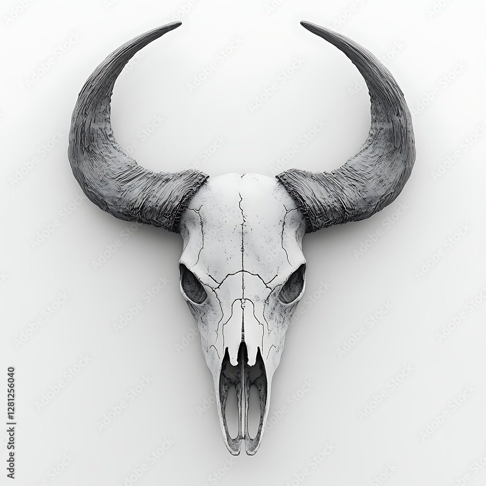 Fototapeta premium A highly detailed realistic buffalo skull with large curved horns displayed against a white background showcasing intricate bone texture and natural wear patterns.