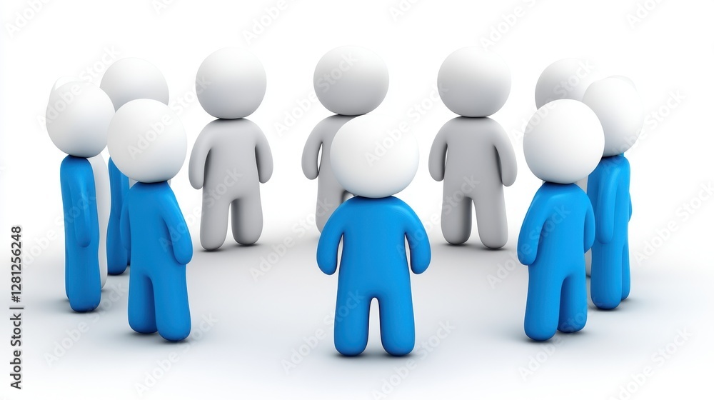 White and blue 3D figures forming a circle, one central figure facing away from the viewer. Clean, simple background. Group discussion concept White and blue 3D figures forming a circle, one central figure facing away from the viewer. Clean, simple background. Group discussion concept