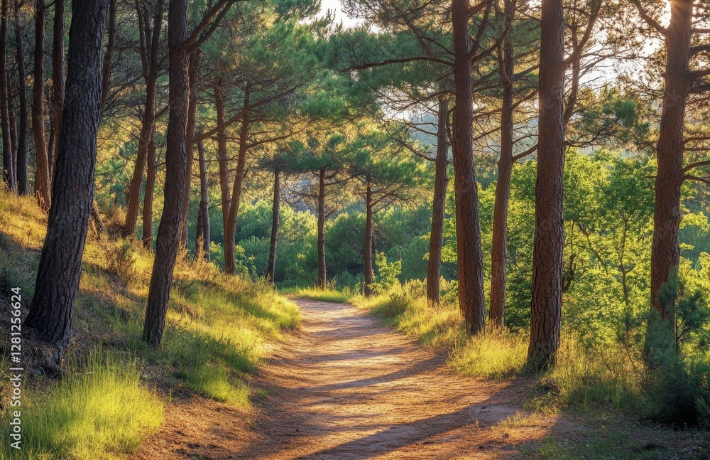 Fototapeta premium Sunlit Forest Path Through Pine Trees at Sunset