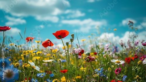 Colorful natural flower meadows landscape with blue sky in summer. Habitat for insects, wildflowers and wild herbs on a flower field. Background panorama with short depth of focus and space for text.