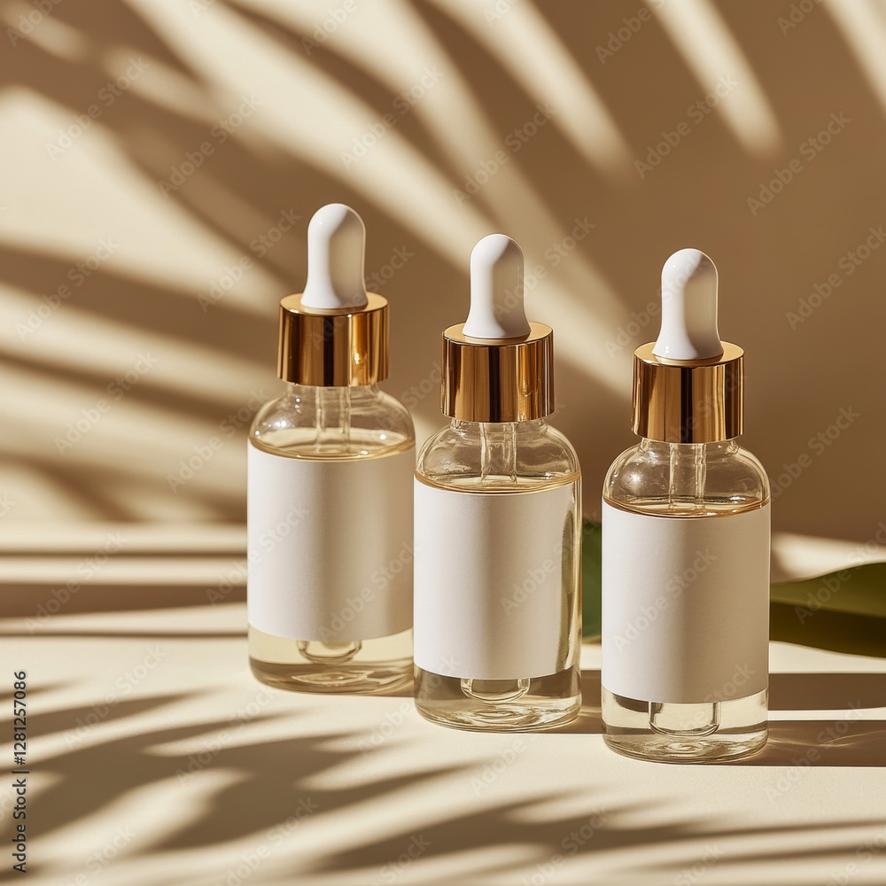 Naklejka premium Three elegant dropper bottles with gold caps in soft lighting