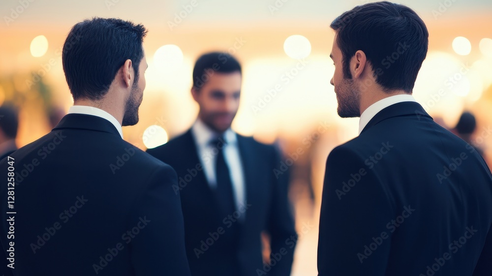 Businessmen Engaging in Discussion at Formal Event in Blurred Background Businessmen Engaging in Discussion at Formal Event in Blurred Background