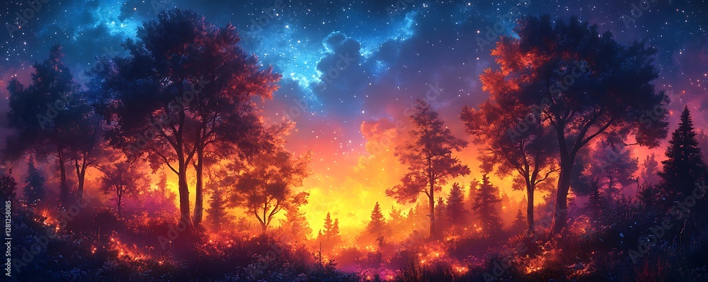Fototapeta premium A fiery forest ablaze under a starry night sky