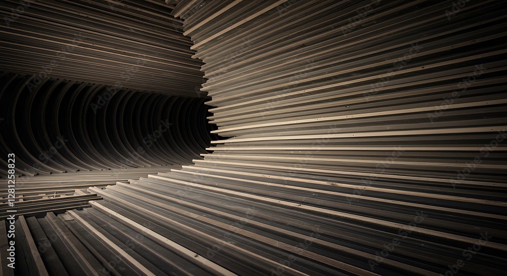 Naklejka premium Abstract Wooden Tunnel Structure with Geometric Lines and Dark Interior