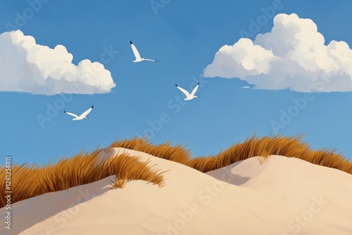 A peaceful landscape of clouds in the sky above the mountains with birds flying through the air during a sunset over the sea and beach